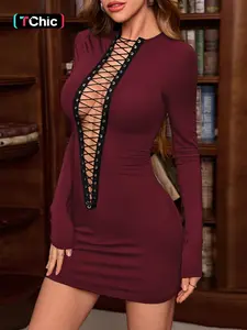 Women's Lace Up Backless Bodycon Dress, Solid Long Sleeve Round Neck Mini Dress Elegant Party Dress for Party Club Dating Wear, Ladies Spring & Fall Clothes, Womenswear