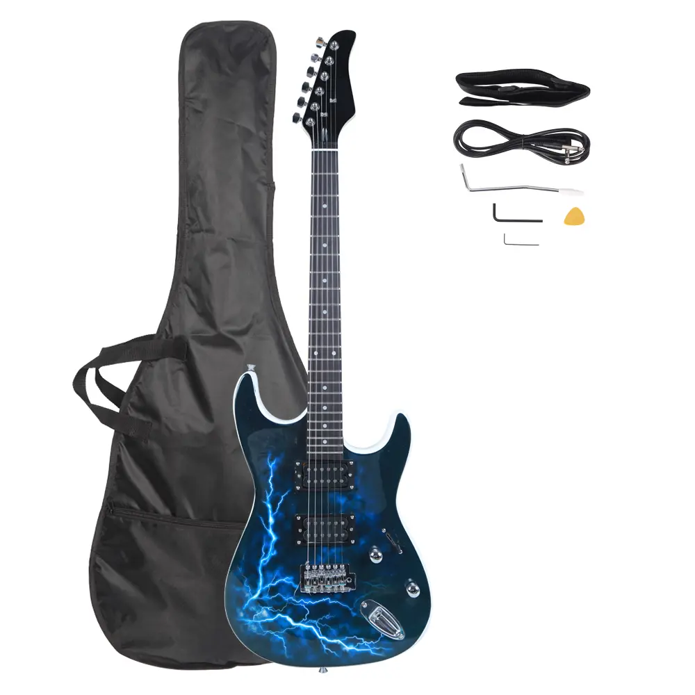 Lightning Style Electric Guitar Double Pickups 22 Frets Maple Neck 25.5" Scale with Bag Strap Power Cord Picks Tremolo Arm Tools