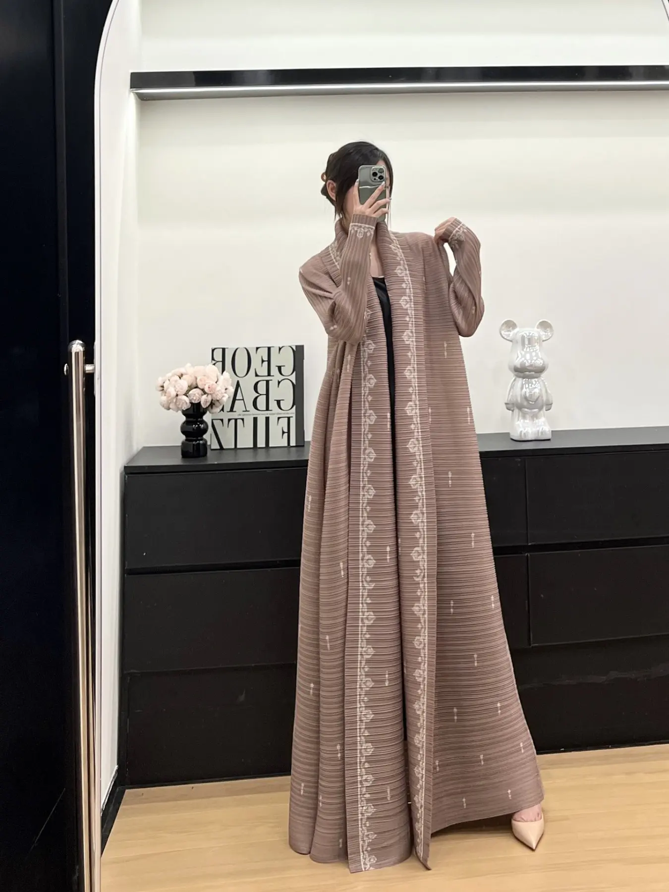 Women's Printed Islamic Abaya Dress, Ruched Design, Detachable Waistband, Front Split, Butt Coverage, Slim Fit, Loose Style, All Seasons, Modest Abaya Dress, Islamic Clothes