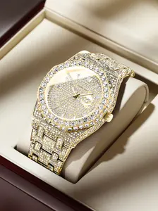 Dayand Night Men's 42mm Round Face Luxury Moissanite Quartz Watch - Full Diamond Dial, Water-Resistant, Business-Casual Timepiece, Ideal for Daily/Business Wear, Valentine's Day Gift, Diamond-Embellished, Shiny, Masculine, Diamond-Embellished Quartz Watch