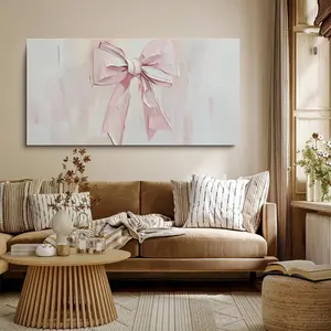 Elegant Pink Bow Textured Canvas Print with Satin Ribbon Art Soft Gradient Background for Girls' Room Decor Bedroom Nursery Romantic Home Accent Pastel Floral Abstract Design