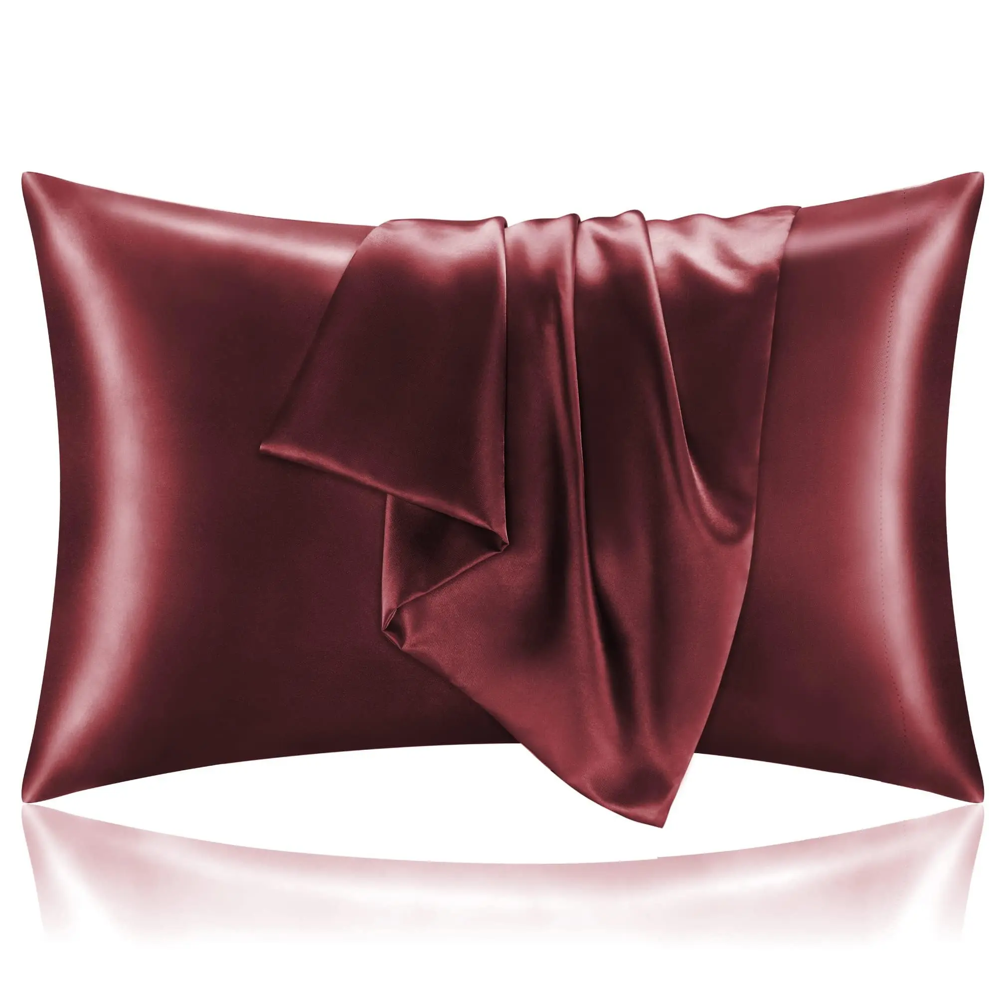 2-Pack Burgundy Queen Size Satin Envelope Pillowcases (20x30 in) - 100% Polyester Satin Weave, Super Soft Cooling Effect Sleeping Aid, Bedroom Use, Silk-Like Bedding for Women, Breathable