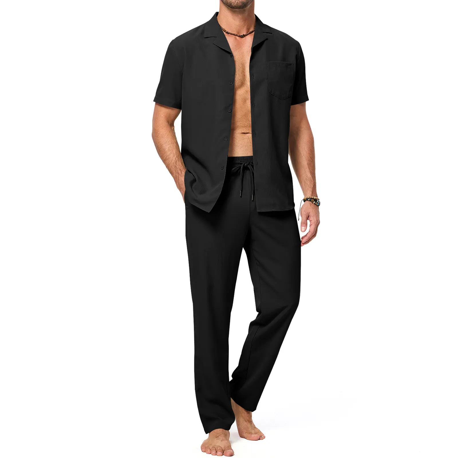 JMIERR Men Texture 2 Piece Outfit Short Sleeve Lightweight Beach Button Down Shirt Casual Pant Sets with Pocket