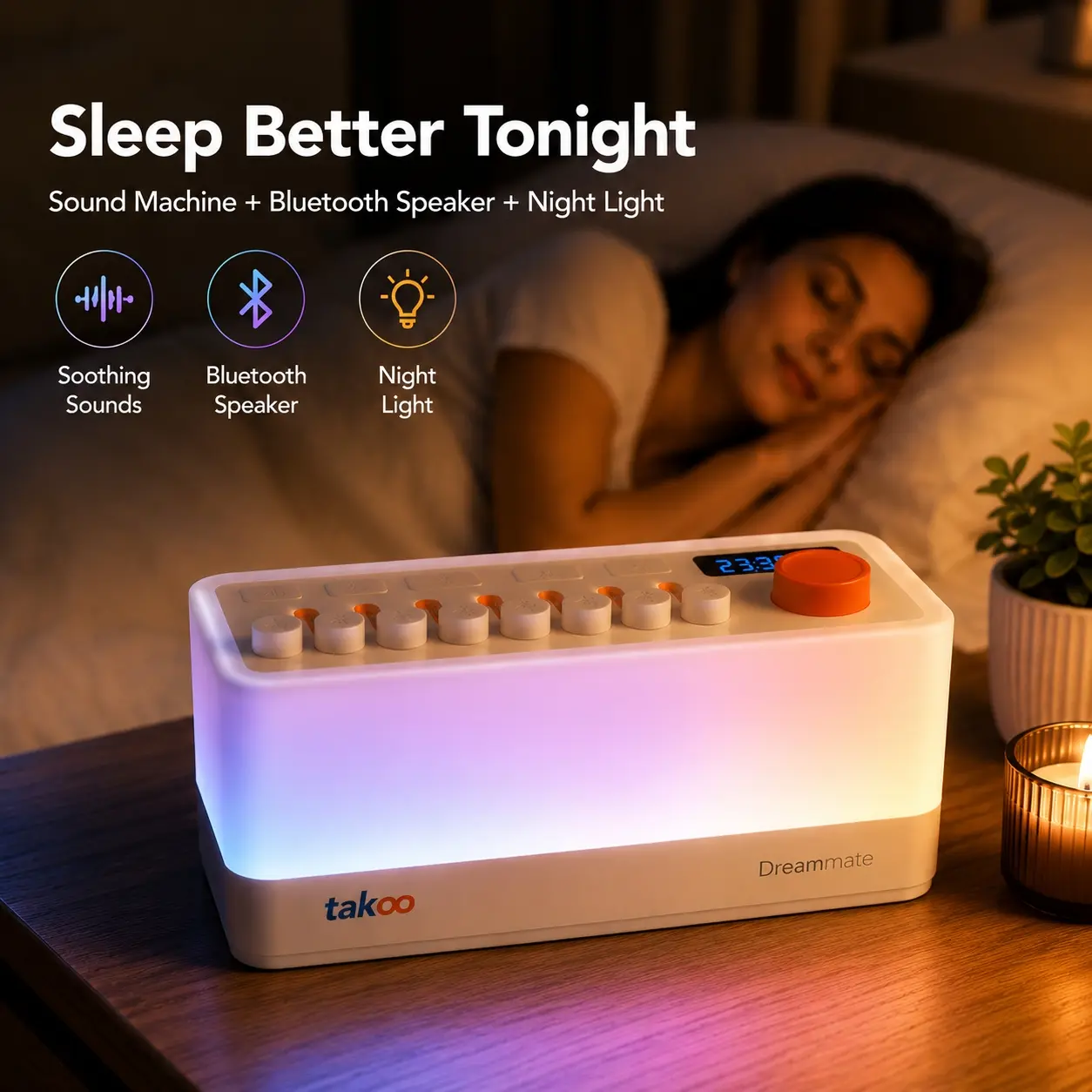 TAKOO 3-in-1 Sound Machine, Bluetooth Speaker & Night Light, Rechargeable White Noise Machine with 8 Mixable Sounds & 11 Ambient Lights for Sleep, Nursery & Relaxation