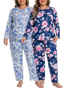 Plus Size 1XL-5XL Women's 2-sets Pajama Set | Long-Sleeve Top & Full-Length Pants | Soft Breathable Loungewear