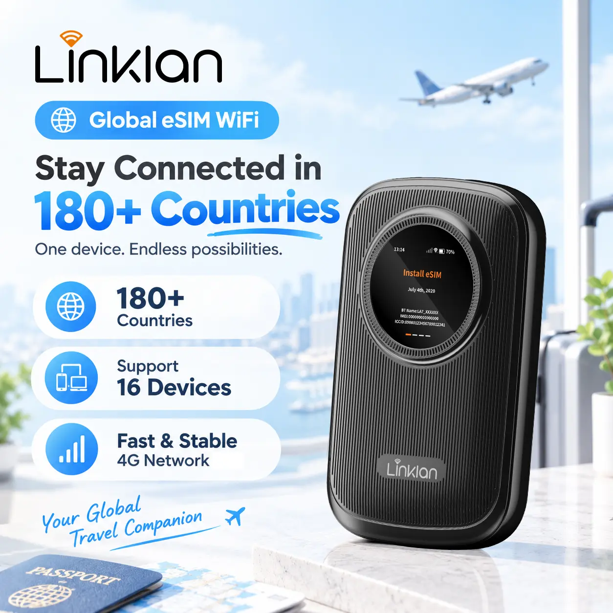 Linklan Global Lightweight Pocket Wi-Fi - 4G LTE Cellular Portable Modem, 802.11n Dual-Band, Multi-Carrier Support, No SIM Contract, High-Speed Data Transfer, High-Capacity Battery Powered, Travel/Business Use, 5GB Free U.S. Data for Multiple Devices