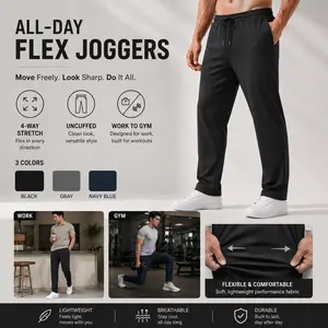 Men's All-Day Flex Uncuffed Joggers with Zipper Pockets – Lightweight Tapered Stretchy Performance Pants for Travel, Work, Golf & Everyday Wear