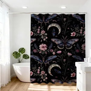 1pc Magical Night Garden Shower Curtain for Enchanting Bathroom Decoration Accessories Home Decor with Fantasy Moth Moon and Floral Patterns Perfect for Creating a Tranquil Bathing Experience and Elegant Ambiance