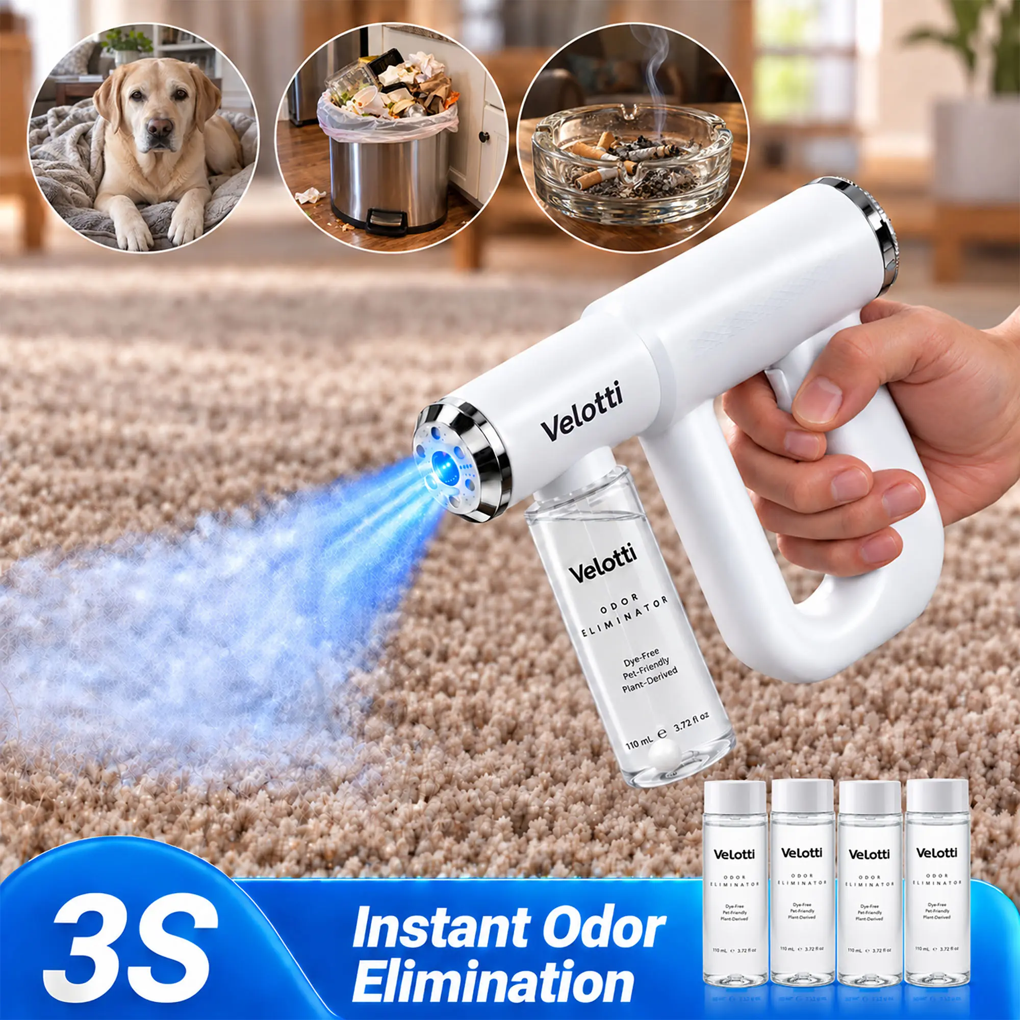 Velotti Bio Enzyme Pet Odor Removal Spray Kit, Set of 5 Bottles with Electric Nano Mist, for Dog Urine, Carpet, Car