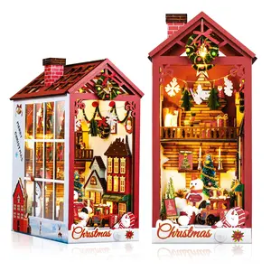 Christmas Book Nook Kit – DIY Holiday Village Bookshelf Insert with LED Light, Festive Miniature Scene