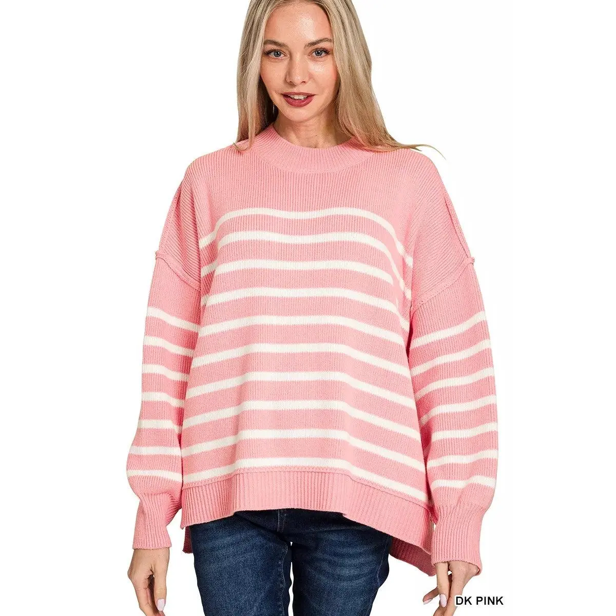 Zenana Exposed Seam Striped Oversized Sweater