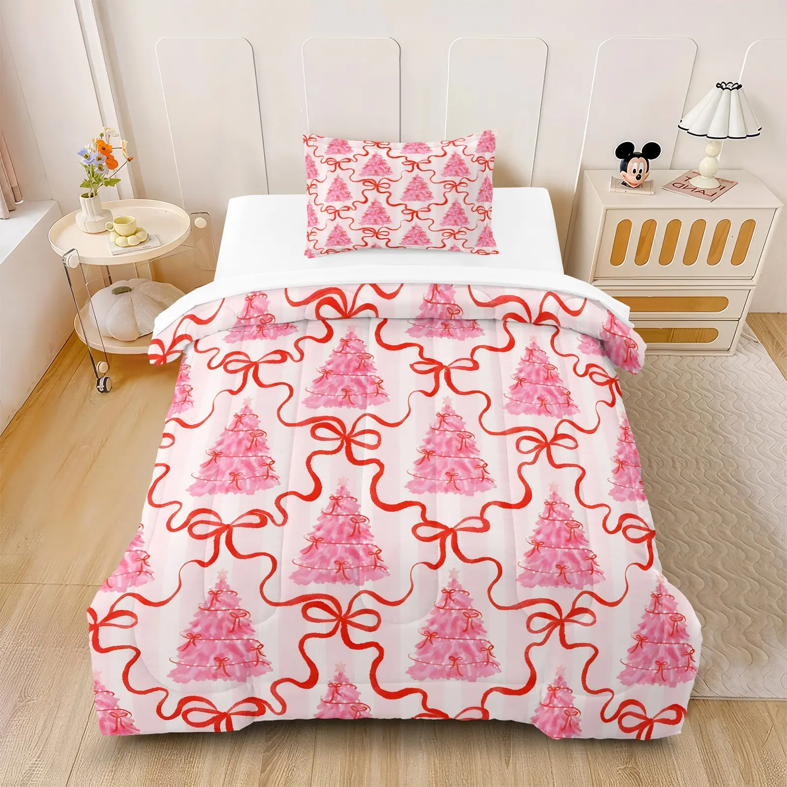 2/3Pcs Christmas Tree Printed Comforter Set, Sweet and Cute Bedding Set, Soft and Breathable Fabric, Quilted Design, Warm and Cozy, Ideal for Girls' Bedroom Decoration, Comes with Filling (Pillow Insert Not Included)