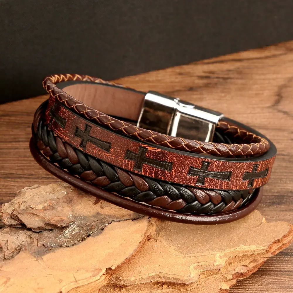 Men's Punk Retro Leather Bracelet with Cross Motif, Brown Multi-Layer Braided Ropes Wristband, Corrosion-Resist Magnetic Buckle for Everyday Wear