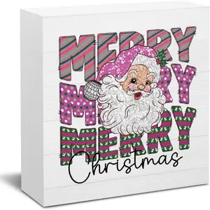 Pink Christmas Sign Decorations for Home Office Desk Christmas Decor for Table Santa Claus Decor Desk Accessories 5 X 5 Inch
