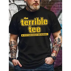 Men'S Pittsburgh Football Graphic T-Shirt - 100% Cotton Crew Neck Short Sleeve Tee with "The Terrible Tee" Print, Black Casual Casual Attire, Perfect Holiday Gift for Sports Fans, Casual Wear Tee| Crew Neck Tshirt| Cotton Tshirt Menswear trendy t-shirts