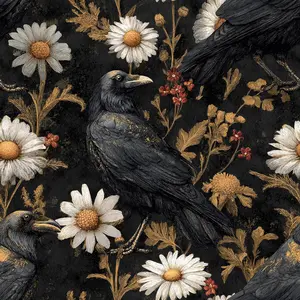 Dark Gothic Crow & Gold Floral Peel and Stick Wallpaper, 17.7*236 Inch Removable Self-Mural, Bird & Flower Wall for Bedroom, Living Room, Gothic-Themed Spaces