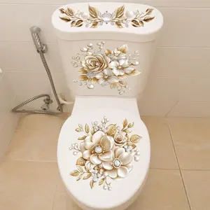 3-Piece Bathroom Toilet Tank Stickers Set, Floral PVC Self-Adhesive Decorative Decals, Matte Finish Irregular Shape Luxury Design, Bathroom Essentials Accessories
