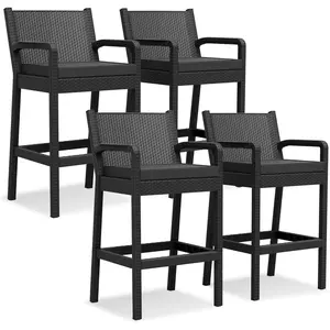 Outdoor Wicker Bar Stools Set of 4, 30 Inch Bar Height Patio Barstools with Thickened Cushions, All-Weather Wicker Rattan Bar Chairs with Backrest & Footrest for Backyard, Pool, Balcony, Black(One box, one piece)