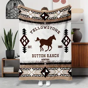 1pc Vintage Southwestern Bohemian Blanket - Lightweight Soft Flannel All-Season Throw with Yellowstone 1885 Button Ranch Montana Design, Geometric & Horse Motifs for Camping, Sofa, Travel - Gift for Friends & Family, Sofa Decor Blanket,