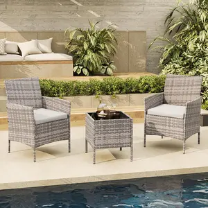 GAOMON 3-Piece Patio Furniture Set, Modern PE Rattan Conversation Set with 2 Chairs & Tempered Glass Coffee Table, All-Weather Outdoor Seating for Garden, Porch, Balcony, Poolside, Grey/Light Grey