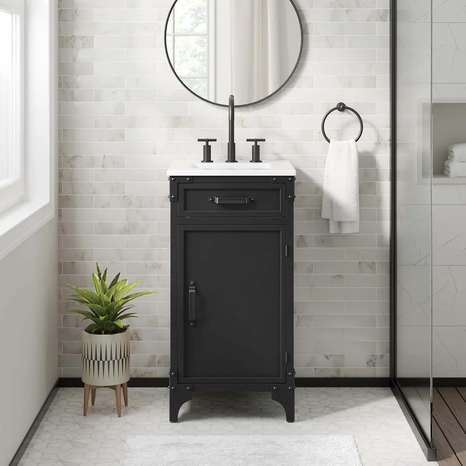 Modway Steamforge 18" Bathroom Vanity Set with Sink and Cabinet, White-Black Finish