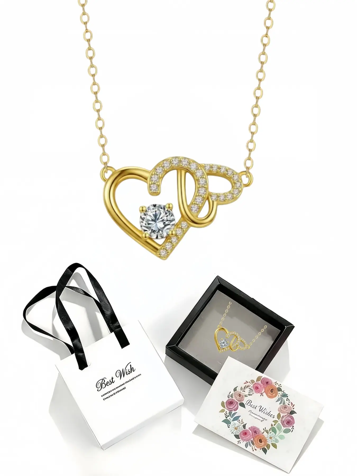 Interlocked Hearts Unique double-heart diamond clavicle necklace with interlocking ring design. Paired with an exquisite drawer jewelry box, ideal gift for women on birthdays, Mother's Day, Valentine's Day, Christmas and anniversaries.