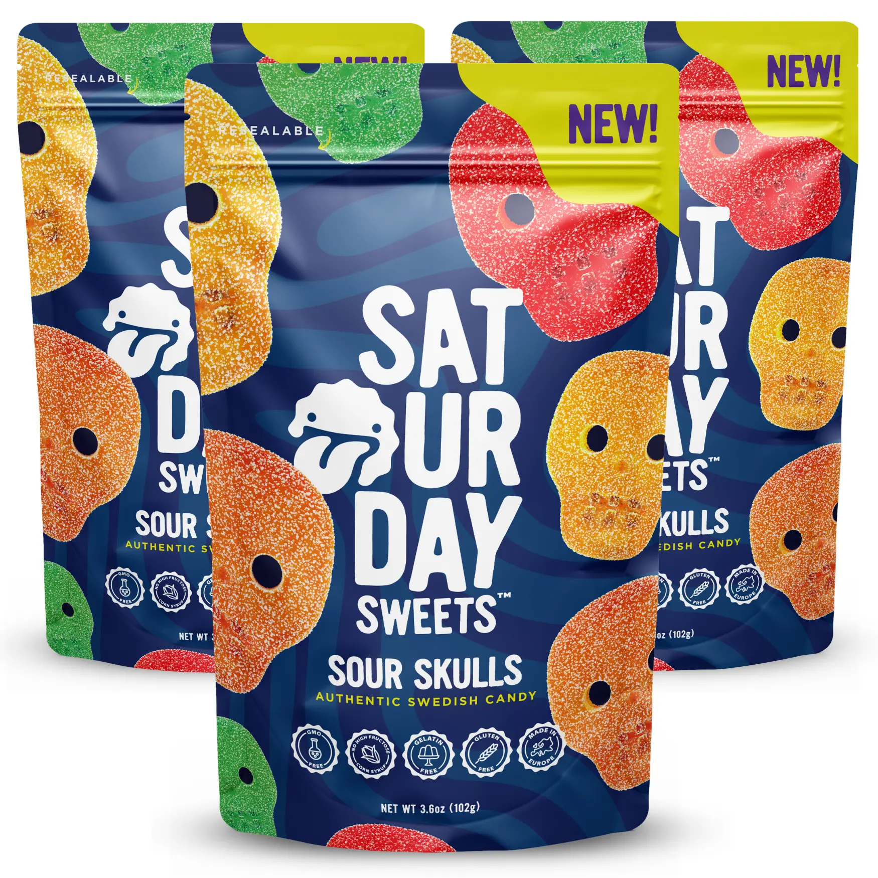 Saturday Sweets Sour Skulls | Authentic Swedish Candy | Low Calorie & Non-GMO, Gelatin Free, No High Fructose Corn Syrup | Resealable, Made in Europe, Swedish Style | Better-For-You, Healthy Snacks for Adults & Kids (3 Pack)