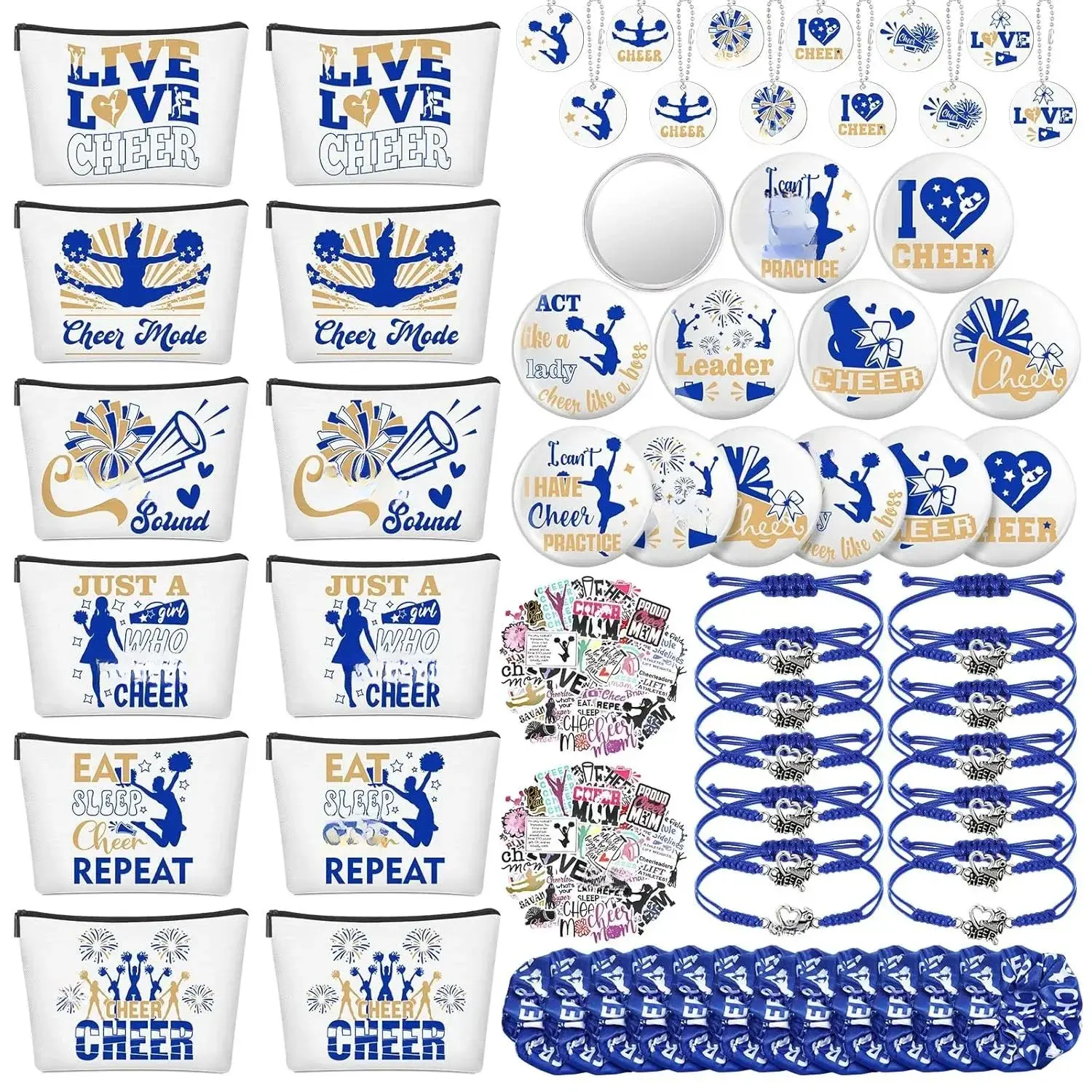 160-Piece Cheerleader Bulk Fashion Accessory Gift Set - Polyester Cotton Scrunchies, Hair Ties, 5.91x7.87in Makeup Bag, 2.76in Round Mirror, Bracelet, Sturdy Wood Cheer Keychains, Cheer Stickers - Durable for Sports Parties (Blue), Championship, Round Mir