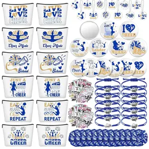 160 Pcs Cheerleader Gifts Bulk for Team Cheer Scrunchies Hair Ties Makeup Bag Cheer Mirror Bracelet Keychain Sticker for Back to School(Blue)
