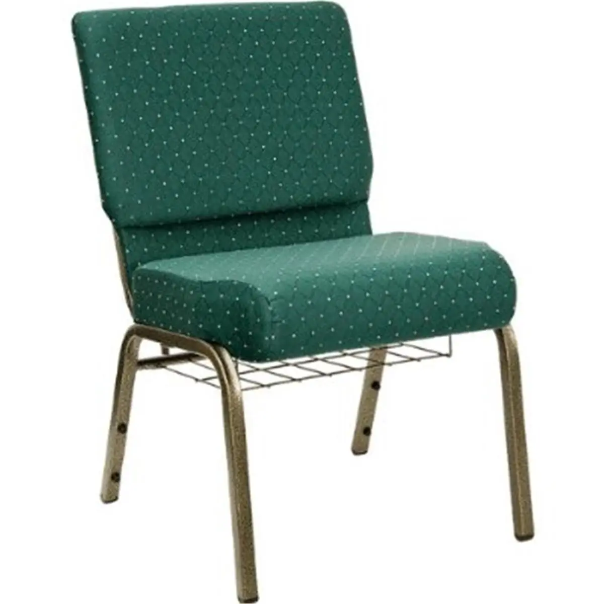 Flash Furniture HERCULES™ Armless Metal Church Chair - 21'' Extra Wide 4'' Thick Waterfall Edge Seat, Gold Vein Steel Frame, Rear Book Rack, Hunter Green Dot Pattern Fabric, 800 lb. Capacity, Gang Clamps, Easy to Move/Store, Ideal for Communion