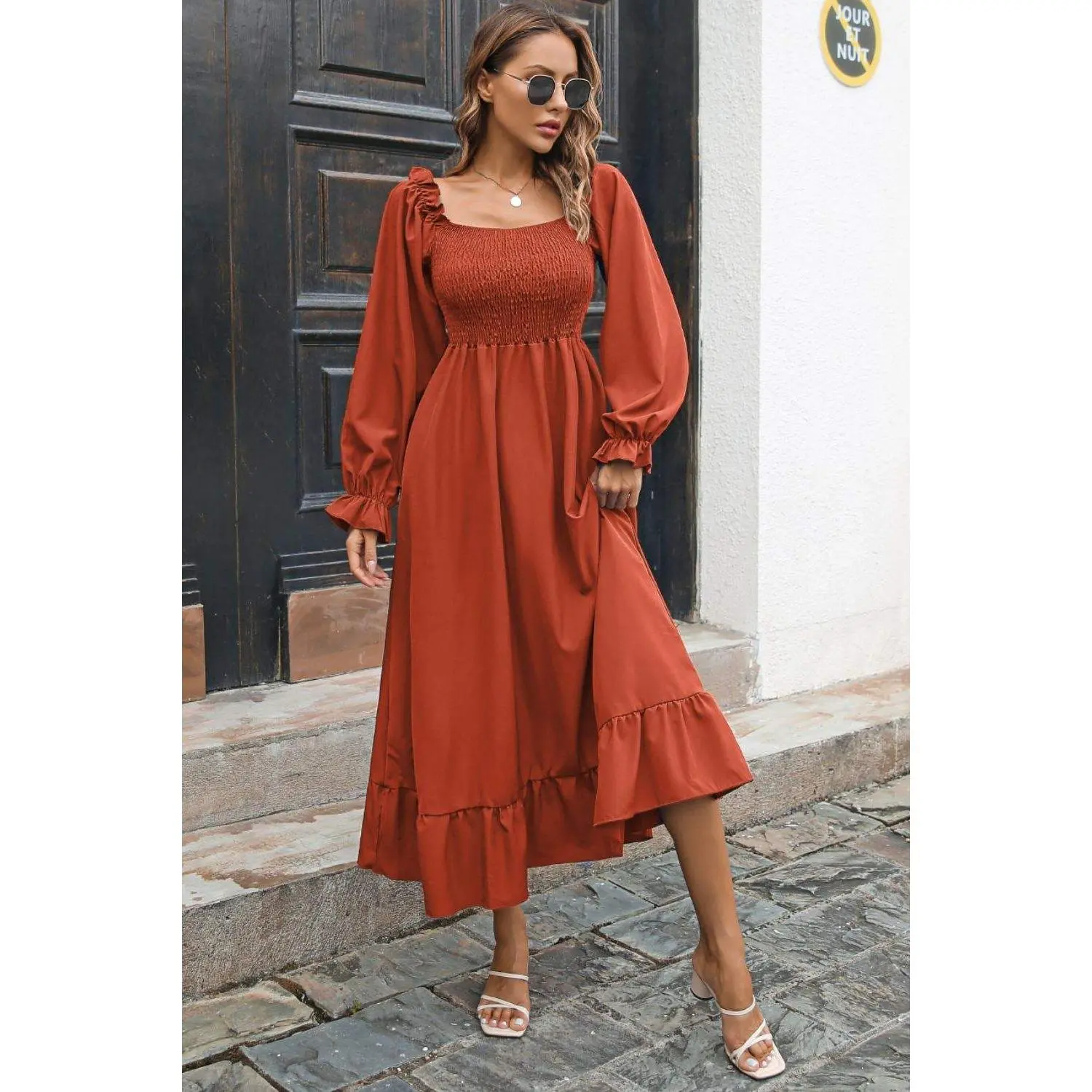Smocked Ruffle Hem Flounce Sleeve Dress