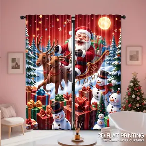 2-Piece set, Christmas curtains - Santa reindeer snowman gift design-red and green holiday decoration-semi-transparent rod mouth design,suitable for living room,bedroom,kitchen,home decoration-festive atmosphere embellishment, Window Decorations Supplies