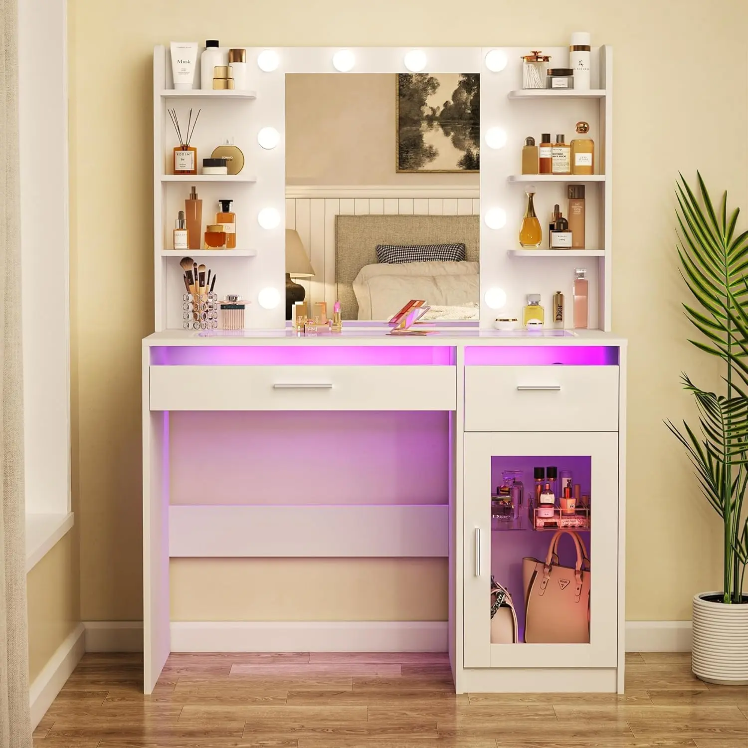 【Summergarden】White Makeup Vanity Desk with Lighted Mirror - 3-Color Multi-Light, Transparent Top, 2 RGB Drawers, 6 Shelves, Large Tempered Cabinet, Power Outlet - Standable Mirrored RGB Makeup Vanity for Bedroom, Rgb Makeup Vanities
