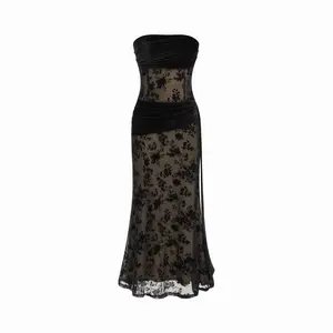 Cider Velvet Lace Floral Ruched Bandeau Maxi Mermaid Dress