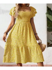 Women's 2026 Summer Casual Floral Print Short Flutter Sleeve Crew Neck Smocked High Waist Flowy Maxi Dress Casual Wear