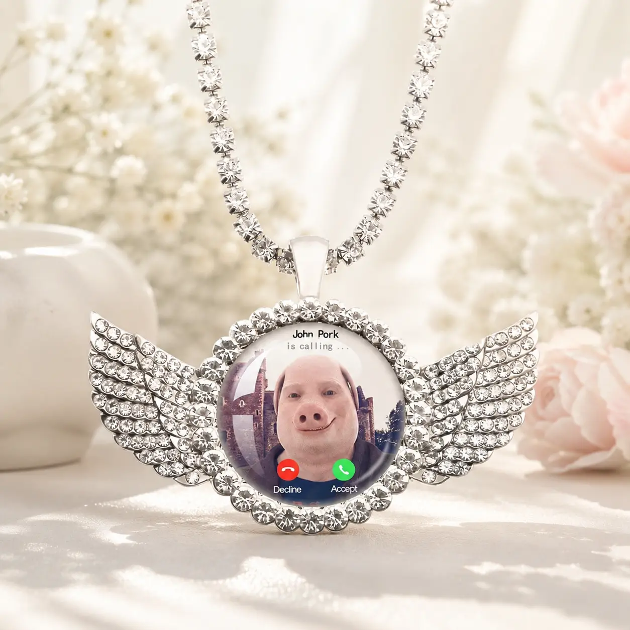 John Pork Is Calling Necklace Funny Pig Meme Pendant for Women Men, Iced Out Rhinestone Wing Chain Jewelry, Waterproof Hypoallergenic Tarnish Resistant Daily Wear Necklace, Trendy Y2K Meme Gift for Best Friends Boyfriend Girlfriend Birthday Social Media