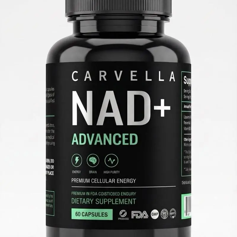 Carvella NAD+ Advanced Cellular Energy & Focus Support 60 Capsules for Youth Premium Supplement Healthcare Fitness Edible Dietary Vitamin Brain Booster