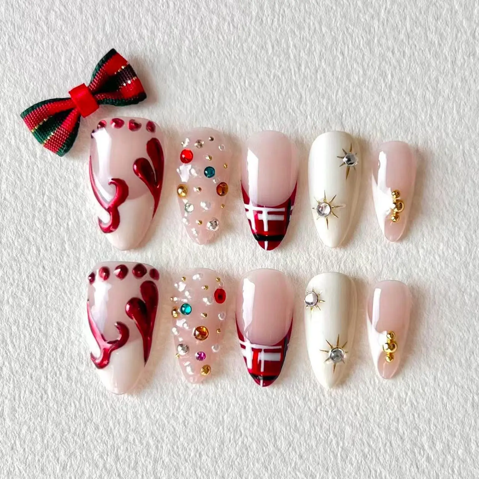 Holiday Sparkle Press On Nails – Red & White Christmas Nails, Gems Nails, Festive 3D Nails, Cute Holiday Press Ons, Handmade Winter Nails