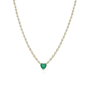 Women's Green Heart-Shaped Tennis Necklace with Gold Chain, Sparkling Diamond Accents, Elegant Fashion Costume Jewelry, Daily Wear Accessory, Necklace Gift, Daily Wear Necklace