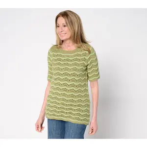 Denim & Co. 100% Cotton Pointelle Elbow Sleeve Sweater