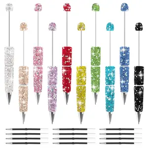 10pcs Glitter Beadable Pen Full Rhinestone Plastic Bead Ballpoint Pen Multicolor Fun Bling Retractable Beaded Writing Pen for DIY Craft Office Supplies Ballpen Set