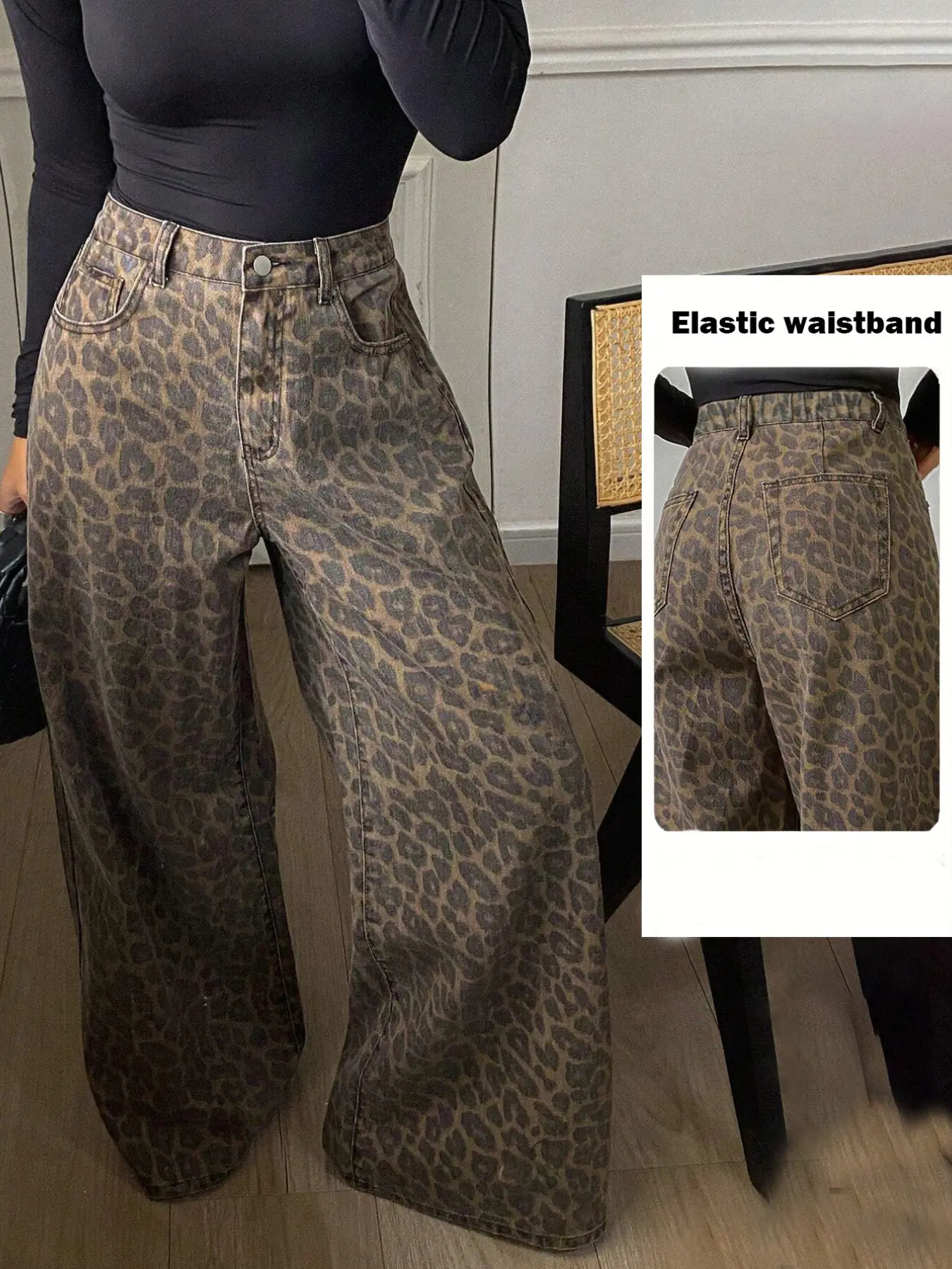 Women's Leopard‑Print High‑Waist Wide‑Leg Baggy Denim Jeans, Trendy Comfortable Casual Everyday Pants
