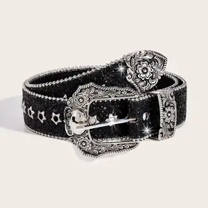 Easter Y2k Rhinestone Decor Belt，Women's Fashion Rhinestone Decorated Hollowout Pentagram Pu Buckle Belt, Casual TrendyFlash Design Belt, Elegant All-match FashionAccessories for Daily Wear