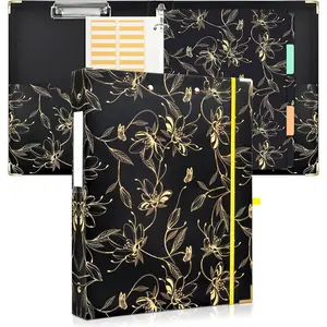 3 Ring Binder 1 Inch Three Ring Binder Cute Binder Fits A4 Paper Decorative Clipboard Binder with 5 Tab Dividers for School Office Supplies (Gold Flower)