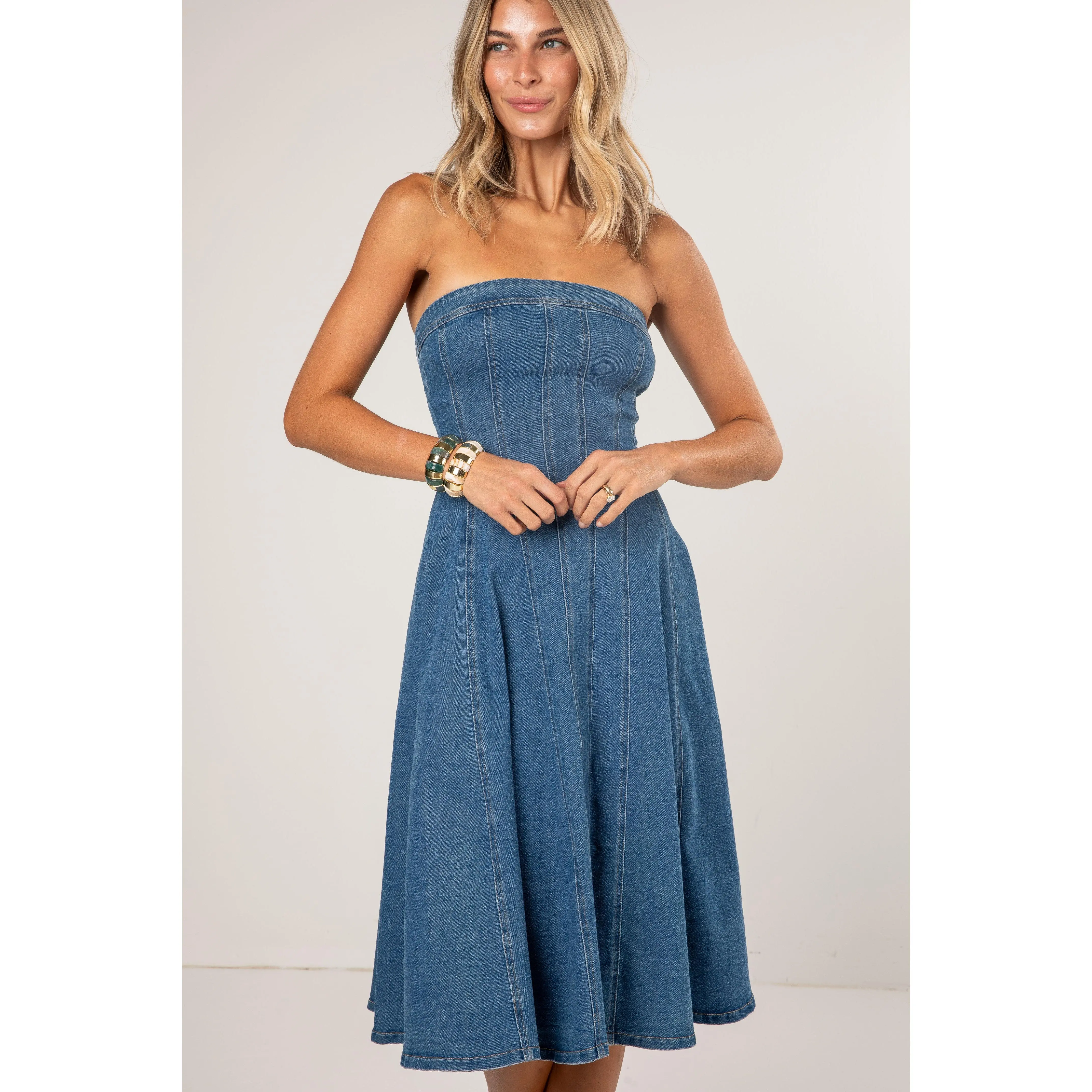 Perfectly Blue Denim Pleated Maxi Dress