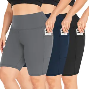3 Pack Plus Size Biker Shorts With Pocket For Women 8" Black High Waisted Tummy Control For Gym Workout Athletic Cheerleading Yoga Gymclothes 4 Way Stretch Non See Through