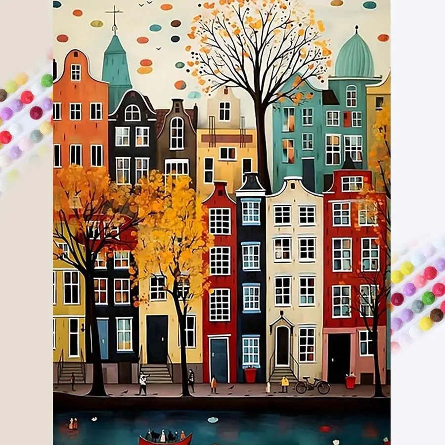1 set of DIY Craft diamond painting kit, 5D diamond art kit, Diamond Pattern Design, DIY decoration autumn architecture, trees, canals. Mosaic, diamond art, DIY art home decor. Wall Art Painting