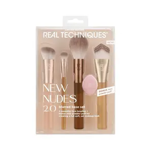 Real Techniques New Nudes 2.0 Blurred Base Set 5pc Women's Makeup Brushes with Bonus Mini Powder Puff Brush Brush and Sponge Set Premium