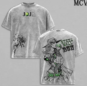 Gyro Zeppeli Tee Washed - JoJo’s Bizarre Adventure Steel Ball Run Anime Spin Technique Golden Spin Pizza Mozzarella Manga Graphic Double Printed Washed Tee, Menswear Heavy Cotton Unisex Oversize Streetwear Vintage RYG