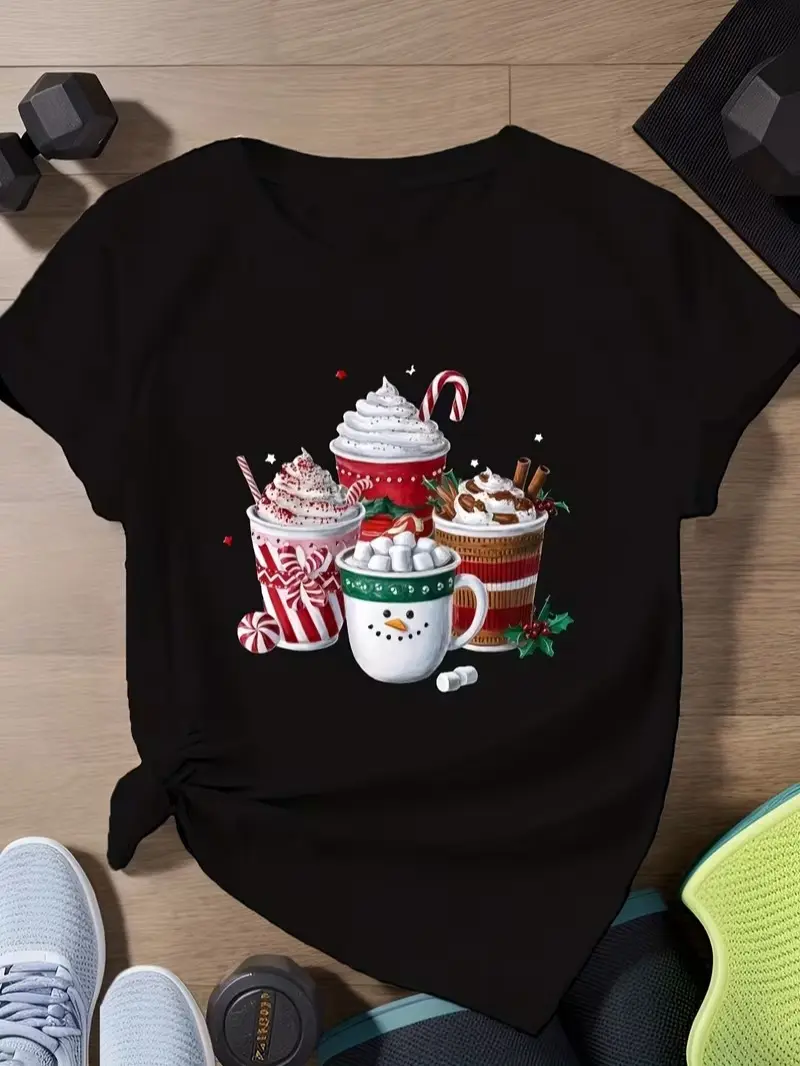 Men'S & Women'S Funny Hot Cocoa & Marshmallow Graphic T-Shirt - Retro Christmas Coffee Cup Design with Candy Canes & Gingerbread Men - Soft Casual Short Sleeve Round Neck Tee for Holidaye for Holida